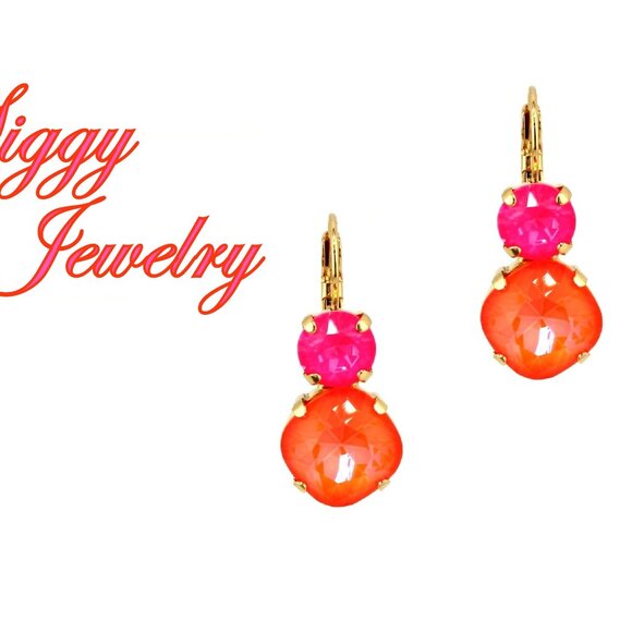 Tropical Blaze Multi Stone Earrings, 12mm Cushion Cut Neon Orange, 8mm Neon Pink - Picture 1 of 6